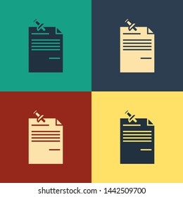 Color Note paper with pinned pushbutton icon isolated on color background. Memo paper sign. Vintage style drawing. Vector Illustration