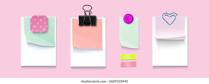 Color note papers set isolated on pink background. Vector realistic illustration of blank memo stickers with binder, heart shape paperclip, magnet and pin, cute school stationery, office reminders