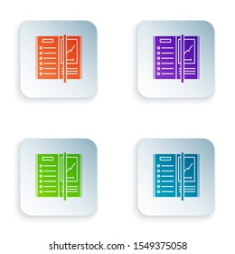 Color Notebook icon isolated on white background. Spiral notepad icon. Writing pad. Diary for business. Notebook cover design. Set icons in colorful square buttons. Vector Illustration