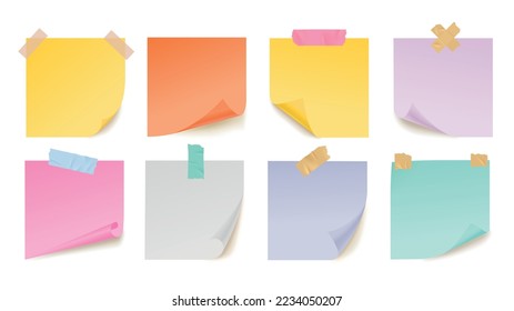 Color notes paper sheets on adhesive tape. Realistic stickers, colorful pages from notebook. Isolated vector office sticky page with curved edges