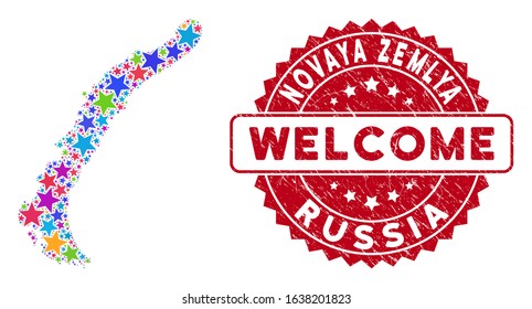 Color Novaya Zemlya Islands map mosaic of stars, and textured round red WELCOME stamp seal. Abstract territorial plan in bright color tinges.