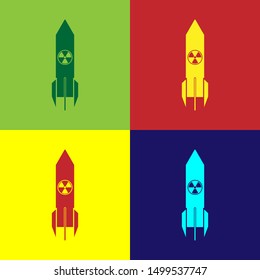 Color Nuclear rocket icon isolated on color background. Rocket bomb flies down.  Vector Illustration