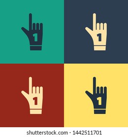 Color Number 1 one fan hand glove with finger raised icon isolated on color background. Symbol of team support in competitions. Vintage style drawing. Vector Illustration