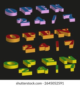 Color number set. 3D numeric shapes. Vector bold digits. Gradient isometric icons.