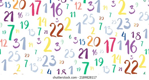 Color Numbers vector symbols. Seamless pattern of hand drawn brush calligraphy font randomly scattered. Mathematical background for kids. Back to school. Modern wallpaper, wrapping paper, textile