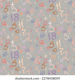 Color Numbers vector symbols. Seamless pattern of hand drawn brush calligraphy font randomly scattered. Mathematical background for kids. Back to school. Modern wallpaper, wrapping paper, textile