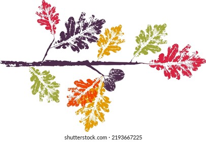 Color oak branch with leaf stamp. Imprint of fallen leaves. Autumn pattern. Creative natural decor. Hand-crafted vector art prints. Seasonal modern packaging.