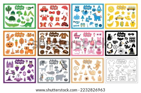 Color objects bundle. Primary colors big collection with flash cards in cartoon style. Green, red, blue, yellow and other elements for creating worksheets. Vector illustration