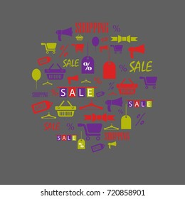Color objects and inscriptions associated with purchases. Isolated on grey. subjects in the form of a circle.