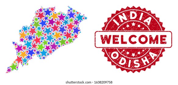 Color Odisha State map collage of stars, and scratched rounded red WELCOME seal. Abstract territorial plan in colorful color tinges. Vector Odisha State map is created of color stars.