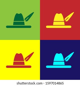 Color Oktoberfest hat icon isolated on color background. Hunter hat with feather. German hat.  Vector Illustration