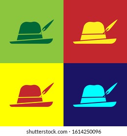 Color Oktoberfest hat icon isolated on color background. Hunter hat with feather. German hat.  Vector Illustration