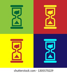 Color Old hourglass with flowing sand icon isolated on color backgrounds. Sand clock sign. Business and time management concept. Flat design. Vector Illustration