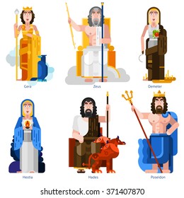 Color olympic gods icons set in cartoon style on white background with gera zeus demeter hestia hades poseidon persons flat isolated vector illustration  