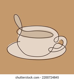 Color one line drawing of a cup of coffee on a saucer isolated on a beige background.