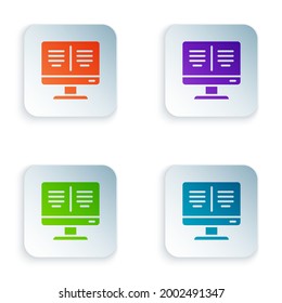 Color Online book on monitor icon isolated on white background. Internet education concept, e-learning resources. Set colorful icons in square buttons. Vector Illustration