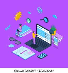 Color Online Education Concept 3d Isometric View Include of Computer, Book and Student. Vector illustration of Icon
