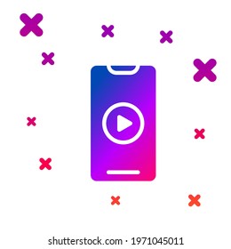 Color Online play video icon isolated on white background. Smartphone and film strip with play sign. Gradient random dynamic shapes. Vector Illustration