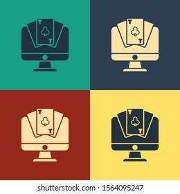 Color Online poker table game icon isolated on color background. Online casino. Vintage style drawing. Vector Illustration