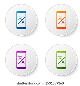 Color Online translator icon isolated on white background. Foreign language conversation icons in chat speech bubble. Translating concept. Set icons in circle buttons. Vector Illustration