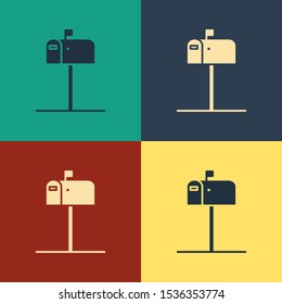 Color Open mail box icon isolated on color background. Mailbox icon. Mail postbox on pole with flag. Vintage style drawing. Vector Illustration