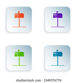 Color Open mail box icon isolated on white background. Mailbox icon. Mail postbox on pole with flag. Set icons in colorful square buttons. Vector Illustration