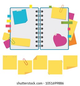 Color open notebook on rings with clean sheets. A set of sticky square stickers and notes. Simple flat vector illustration isolated on white background.