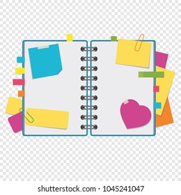 Color open notepad on rings with blank sheets and bookmarks between pages. A simple flat vector illustration isolated on a transparent background.