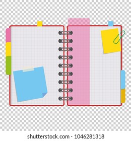 Color open notepad on rings with blank sheets and bookmarks between pages. A simple flat vector illustration isolated on a transparent background.