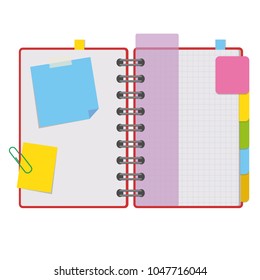 Color open notepad on rings with blank sheets and bookmarks between pages. Simple flat vector illustration isolated on white background.