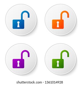 Color Open padlock icon isolated on white background. Opened lock sign. Cyber security concept. Digital data protection. Safety safety. Set icons in circle buttons. Vector Illustration