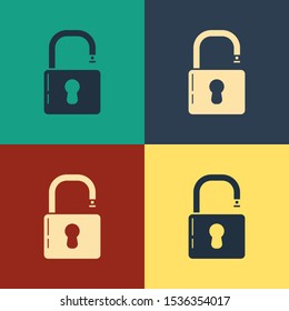 Color Open padlock icon isolated on color background. Opened lock sign. Cyber security concept. Digital data protection. Safety safety. Vintage style drawing. Vector Illustration