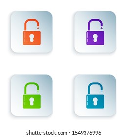 Color Open padlock icon isolated on white background. Opened lock sign. Cyber security concept. Digital data protection. Safety safety. Set icons in colorful square buttons. Vector Illustration