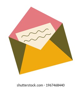 Color open paper envelope with a letter. Vector illustration isolated on white background