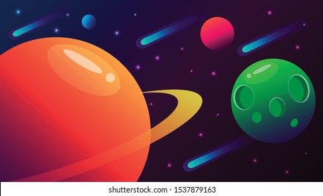 Color open space planets with his ring, stars and comets vector