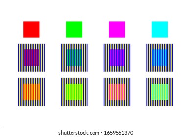 Color optical illusion by assimilation and contrast. The four different color squares appear to get a different color through the blue stripes than through the yellow stripes. Illustration. Vector.