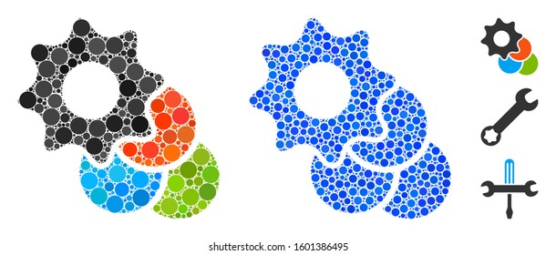 Color options mosaic of small circles in various sizes and color tones, based on color options icon. Vector random circles are combined into blue mosaic.