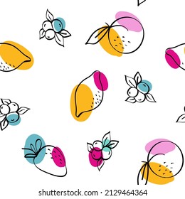 Color Naranja y Vector Berry Patrón blanco sin soldadura. Papel de escritorio de limón de verano y fresa. Impresión de esbozo de fruta rosa y amarilla.