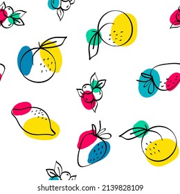Color Naranja y Vector Berry Patrón blanco sin soldadura. Antecedentes De Frutas Adorables. Ilustración de dibujos animados rosa y amarillo de Apple y de color rosa.