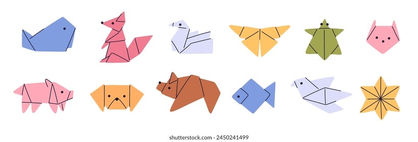 Color origami animals. Paper fauna creations. Dove birds. Folded fish and mammals. Decorative shapes. Japanese hobby. Asian art. Pinwheel star. Low polygonal figures