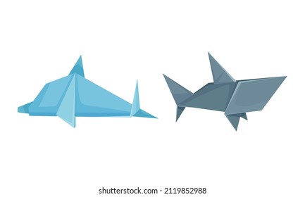 Color origami animals set. Dolphin and shark Japanese origami folded toys vector illustration