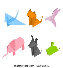 Color Origami Animals Set of Paper Japan Craft Isometric View. Vector illustration of  icon set polygonal style. Cat, dog, mouse, elephant, pigeons, doves, Crane and heron bird 