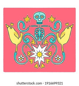 Color ornament of swirling lines, vegetation, flowers, stars, birds and hearts. Print for the cover of the book, postcards, t-shirts. Illustration for rugs.