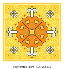 Color ornament of swirling lines, vegetation, flowers and hearts. Print for the cover of the book, postcards, t-shirts. Illustration for rugs.