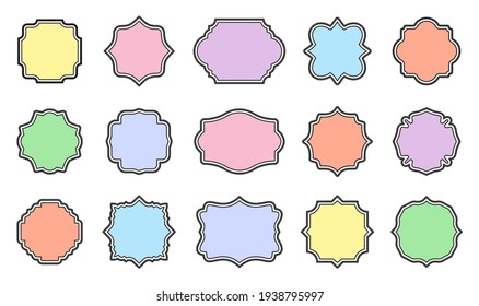 Color Ornamental Blank Label Frames. Retro Border Badge Vector Set. Vintage Packaging Design Templates For Bottles, Jars, Cups Or Dishes. Special Supermarket Promotional Offer Price Tag Shape