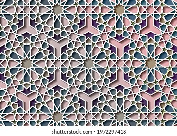 Color ornamental patterned stone relief in arabic architectural style of islamic mosque,greeting card for Ramadan Kareem