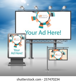 Color outdoor advertising design for corporate identity with round geometric elements. Stationery set