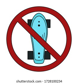 Color outline illustration of a skateboard top view in prohibition sign. Ban on active sport lifestyle.  Vector forbidden object for logos, icons, stickers and your creativity.
