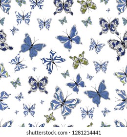 Color outline set of butterfly vector for web design isolated on white, blue and black background. Seamless. Butterfly.