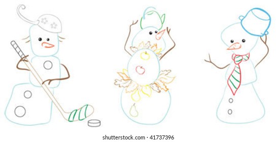 Color outline snow mans on white